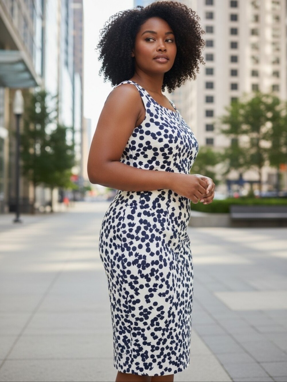 AGB White Dress with Navy Abstract Dot Print